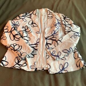 Coldwater Creek white linen jacket with navy blue detailing. Open front. Size 8